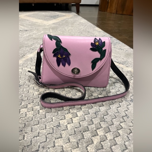 Embroidered Leather Crossbody Purse Adjustable Strap Pink & Purple Flowers Boho - Picture 1 of 12
